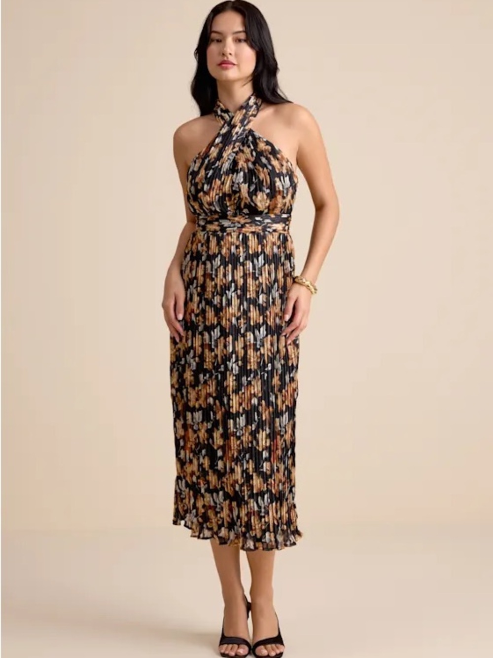 Lulu's Black Floral Halter Pleated Midi Dress with Tan Accents